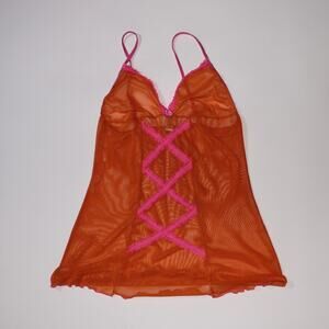 Y2K Baci Lingerie Orange Semi Sheer Slip With Pink Ribbon Details And A Bow S